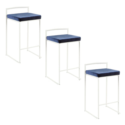 Three Fuji Simple Elegance stackable counter stools with white metal frames and square blue velvet cushions are arranged diagonally on a white background.