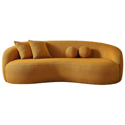 Drake - Japandi Style Curvy Boucle Sofa in mustard yellow, featuring two square and two round matching cushions, displayed against a white background.
