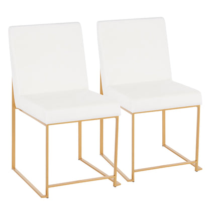 The Fuji set includes two contemporary high back dining chairs with white cushioned seats and gold metal frames, shown side by side against a white background.