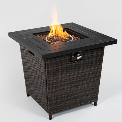 The 28" Wicker Square Fire Pit Table - Black Brown features a black top, brown wicker base, and visible central flames, set against a plain white background.