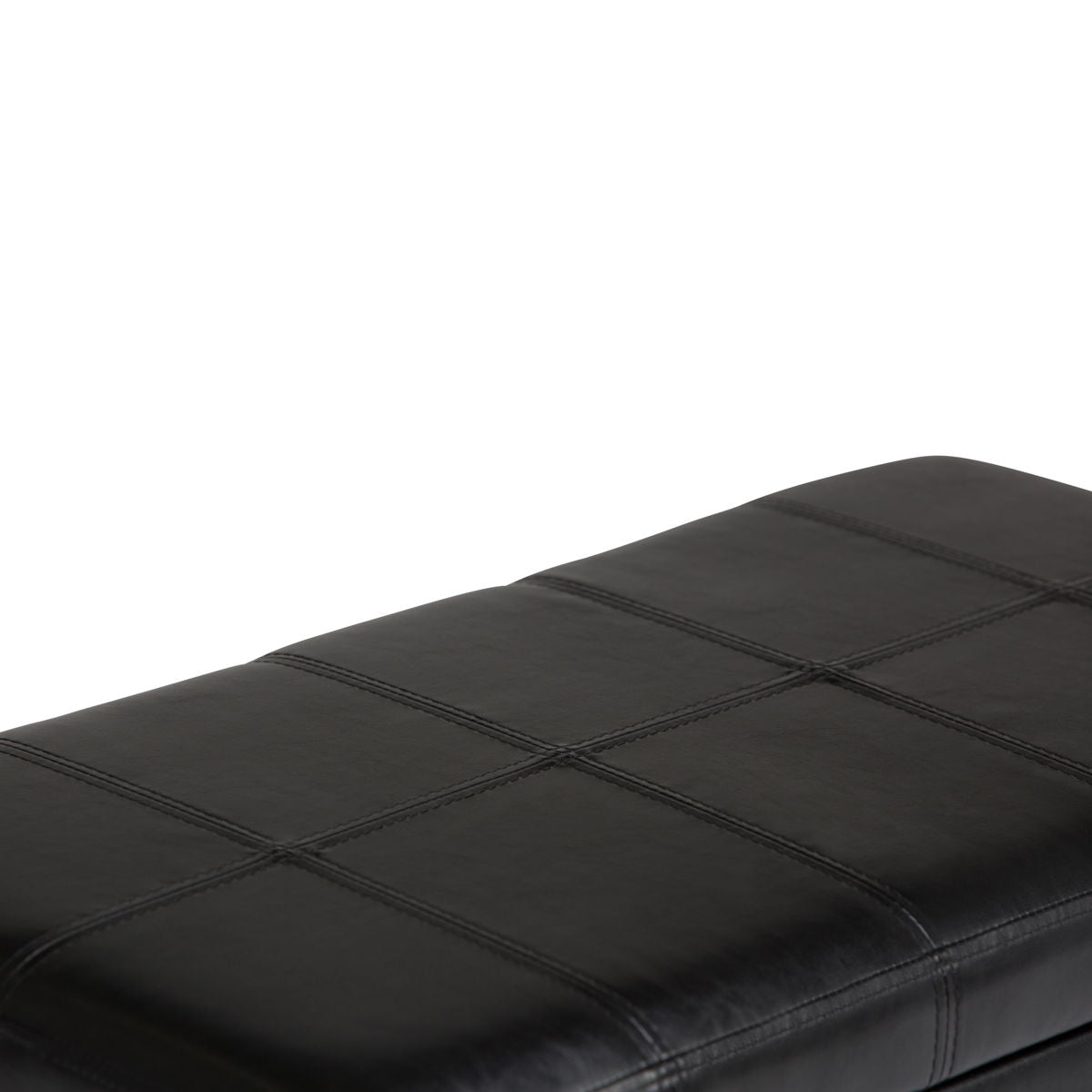 A close-up of the Amelia - Transitional Storage Ottoman Bench features a black leather cushion with visible square stitching, shown against a white background.