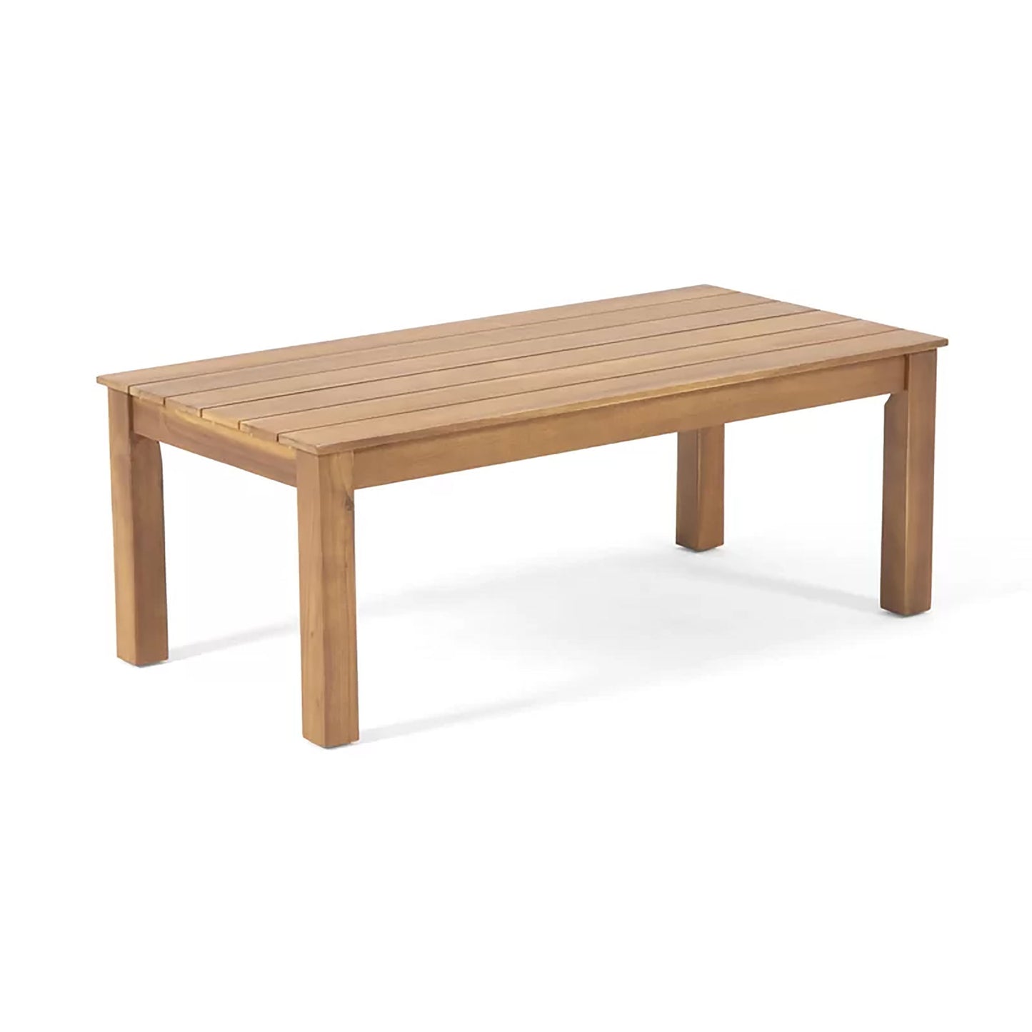 The Avacyn Outdoor Acacia Wood 4 Seater Chat Set with Cushions features a sturdy, slatted rectangular table on a white background.