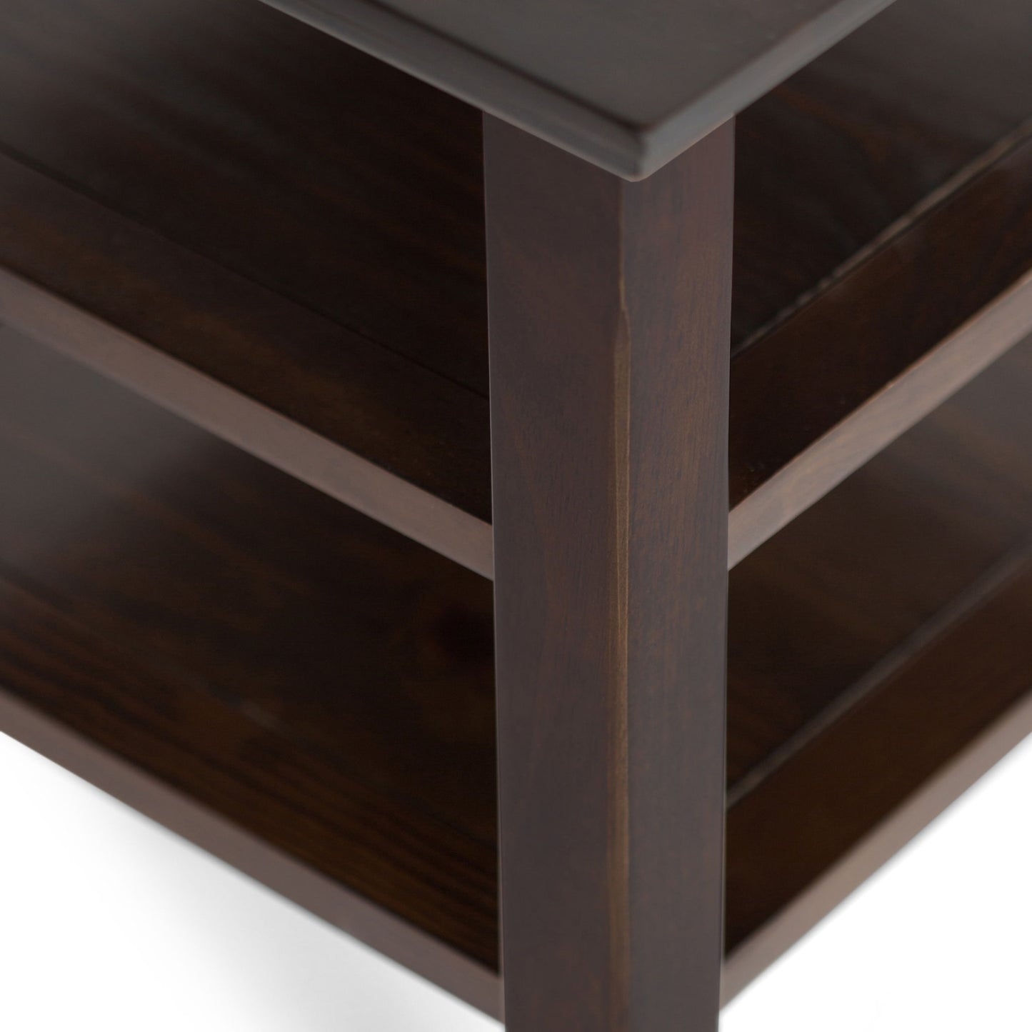 Close-up of the Acadian - Handcrafted End Table in dark brown, highlighting its smooth surface, clean edges, and two spacious shelves.
