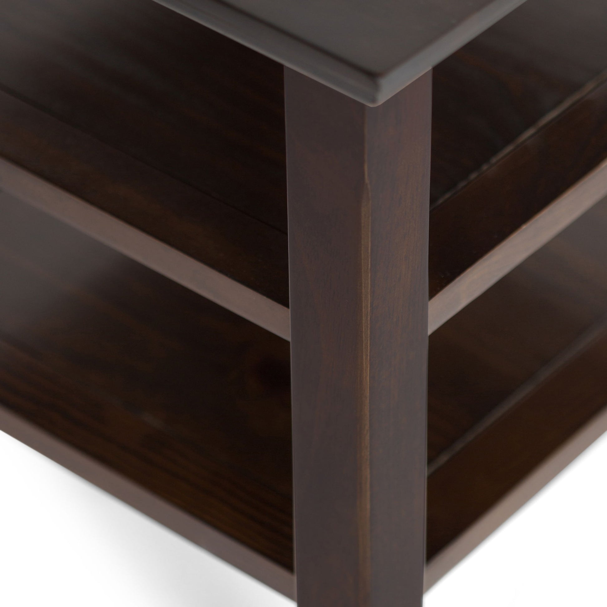 Close-up of the Acadian - Handcrafted End Table in dark brown, highlighting its smooth surface, clean edges, and two spacious shelves.