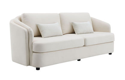 The Mariko Linen Sofa in beige is a modern three-seater with two toss pillows, soft rounded armrests, and short black legs, shown against a white background.