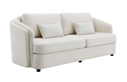 The Mariko Linen Sofa in beige is a modern three-seater with two toss pillows, soft rounded armrests, and short black legs, shown against a white background.
