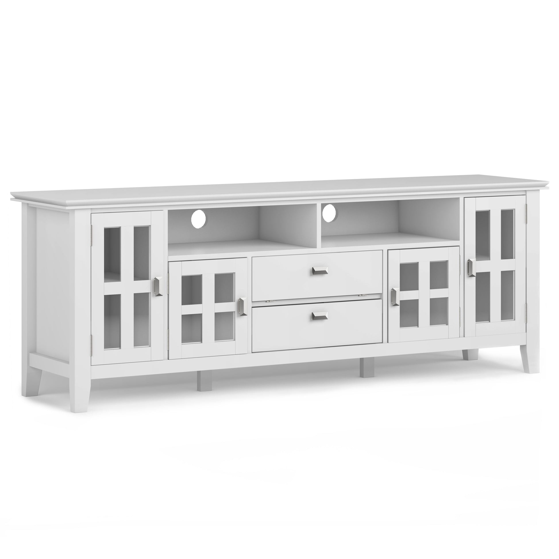 The Artisan TV Media Stand features two glass-paneled side cabinets, two central drawers, and two open shelves with circular cable management holes at the back.