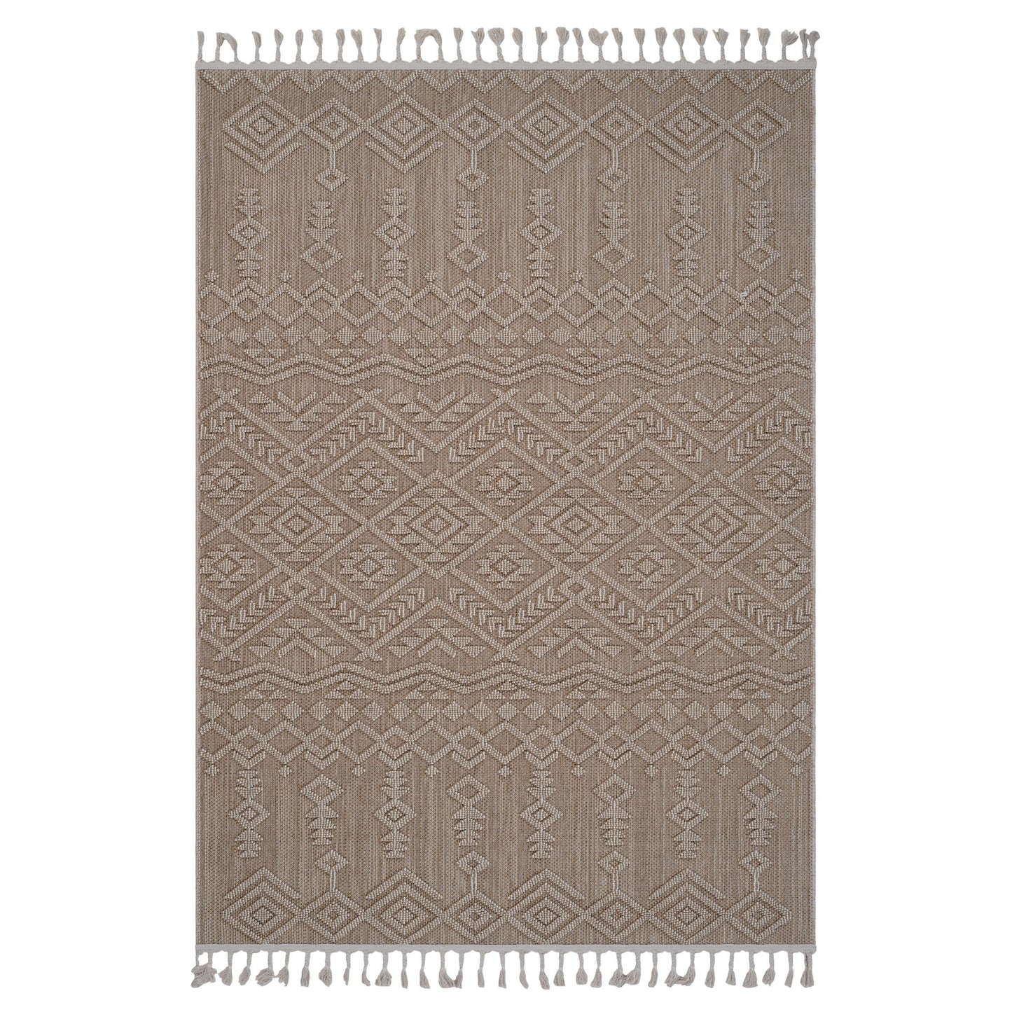 The Guros - Traditional Indoor / Outdoor Area Rug showcases intricate geometric and tribal-inspired diamond and zigzag patterns in beige, finished with short fringe tassels on both shorter ends.