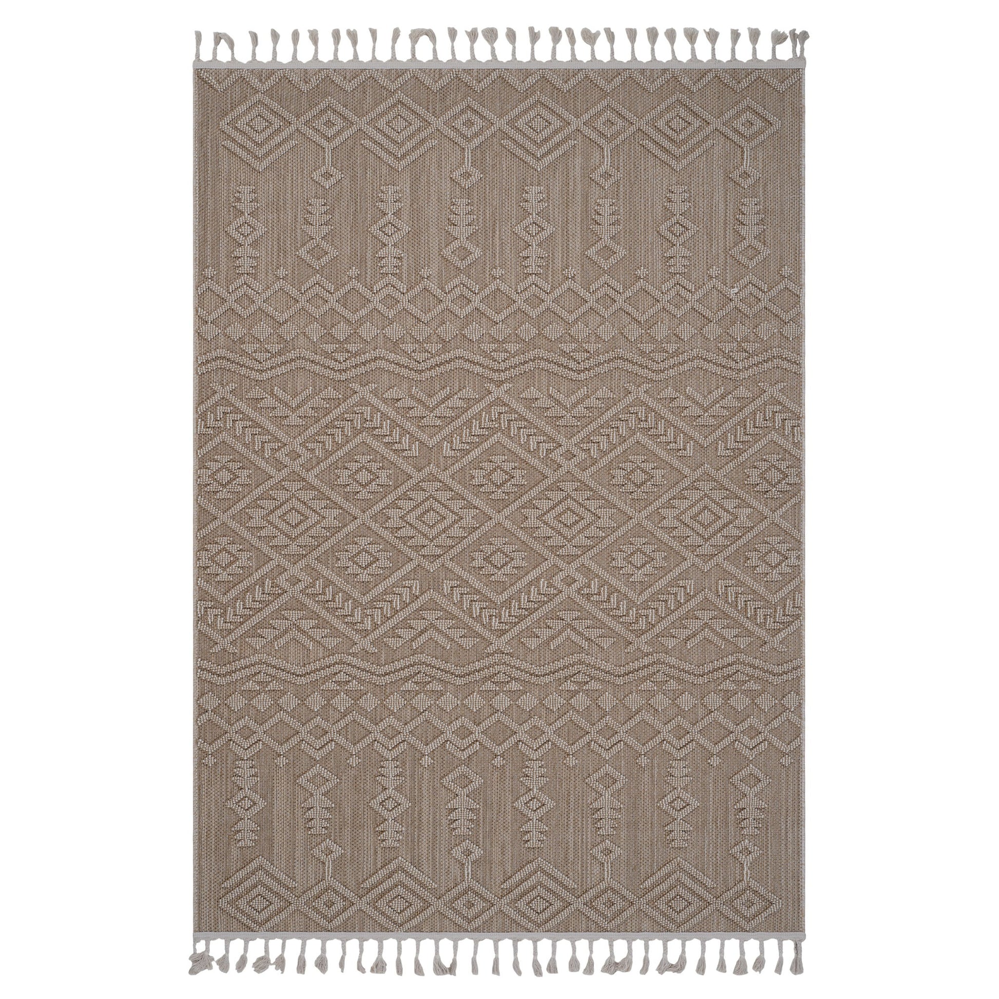 The Guros - Traditional Indoor / Outdoor Area Rug showcases intricate geometric and tribal-inspired diamond and zigzag patterns in beige, finished with short fringe tassels on both shorter ends.
