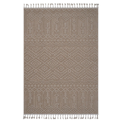 The Guros - Traditional Indoor / Outdoor Area Rug showcases intricate geometric and tribal-inspired diamond and zigzag patterns in beige, finished with short fringe tassels on both shorter ends.