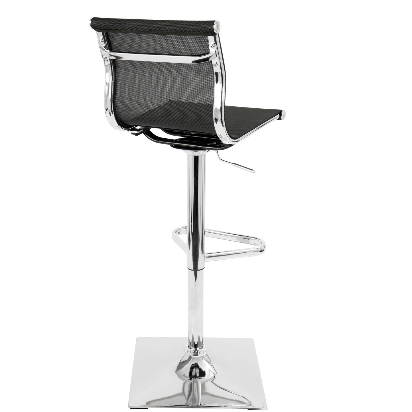 The Mirage - Contemporary Adjustable Barstool With Swivel features a square chrome base, black mesh backrest, matching seat, footrest, and height adjustment lever—shown from the back for a modern look.