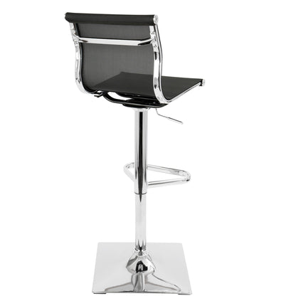 The Mirage - Contemporary Adjustable Barstool With Swivel features a square chrome base, black mesh backrest, matching seat, footrest, and height adjustment lever—shown from the back for a modern look.