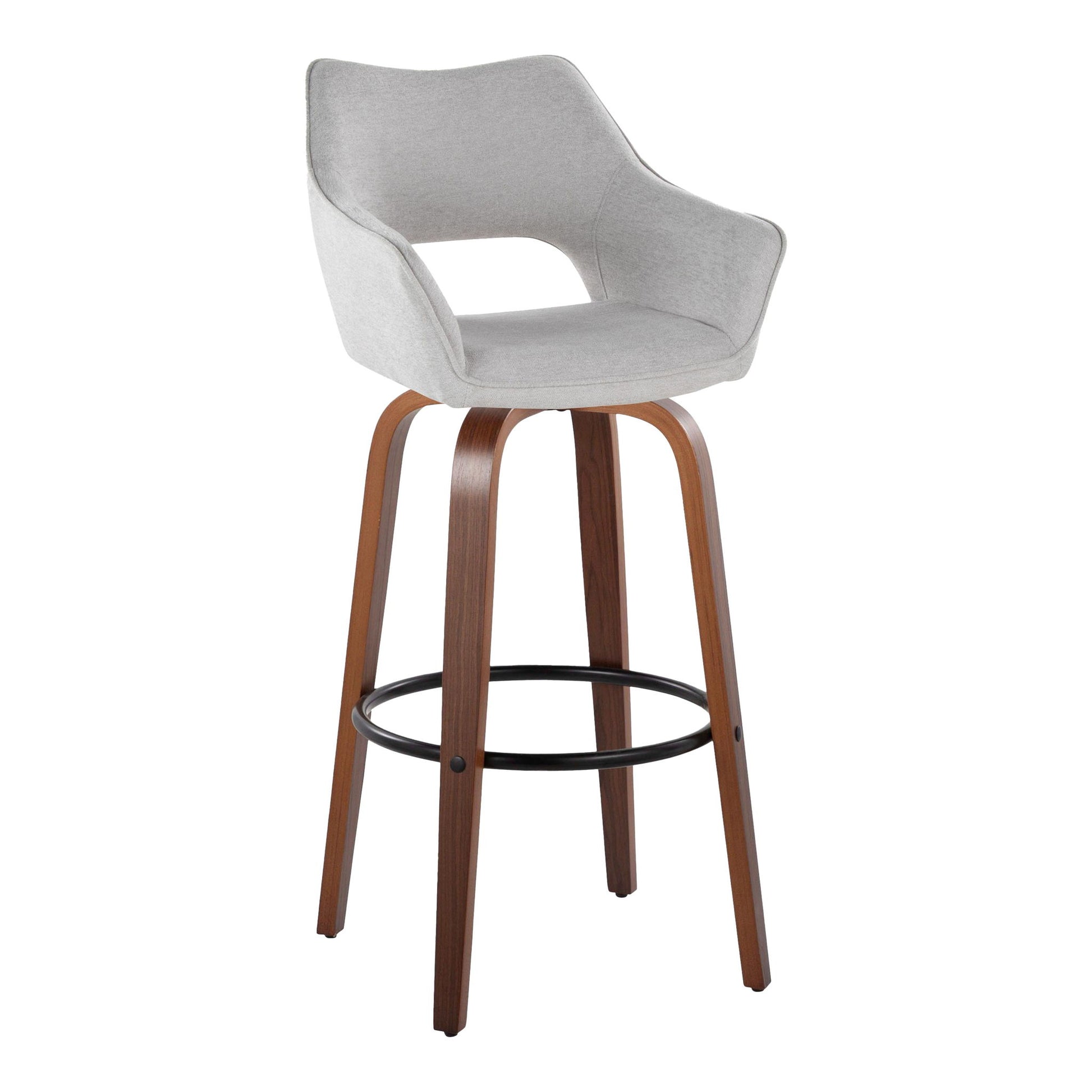 The Mustang Contemporary Fixed Height Barstool (Set of 2) features a light gray cushioned seat, curved backrest, wooden legs, swivel function, and a round black metal footrest.