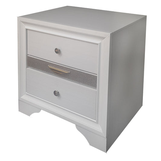 The Naima - Chic Design Nightstand is a white, modern nightstand with three drawers: the middle drawer has a metallic handle, while the top and bottom have round knobs. It features a glossy finish for a sleek look.