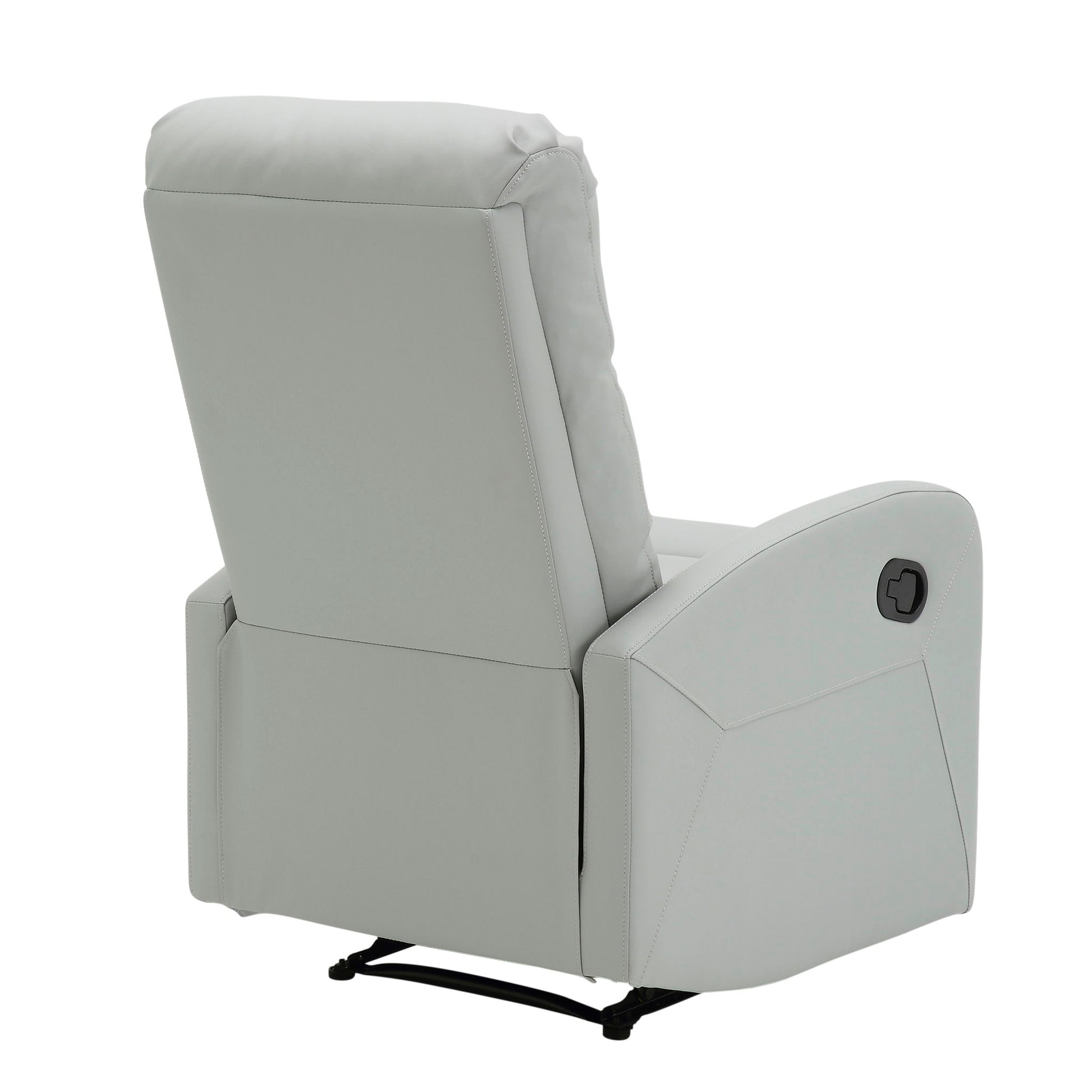 The Dormi - Contemporary Recliner Chair in light gray is pictured from the back and slightly to the left, highlighting its cushioned backrest, armrests, and a side handle for reclining adjustments.