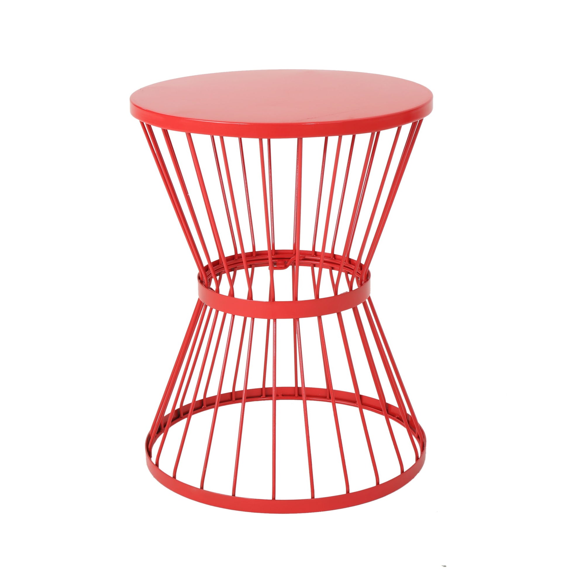 The Lassen Modern Outdoor Side Table features a bold red metal hourglass design with a round solid top and open wireframe base, perfect for modern outdoor spaces.