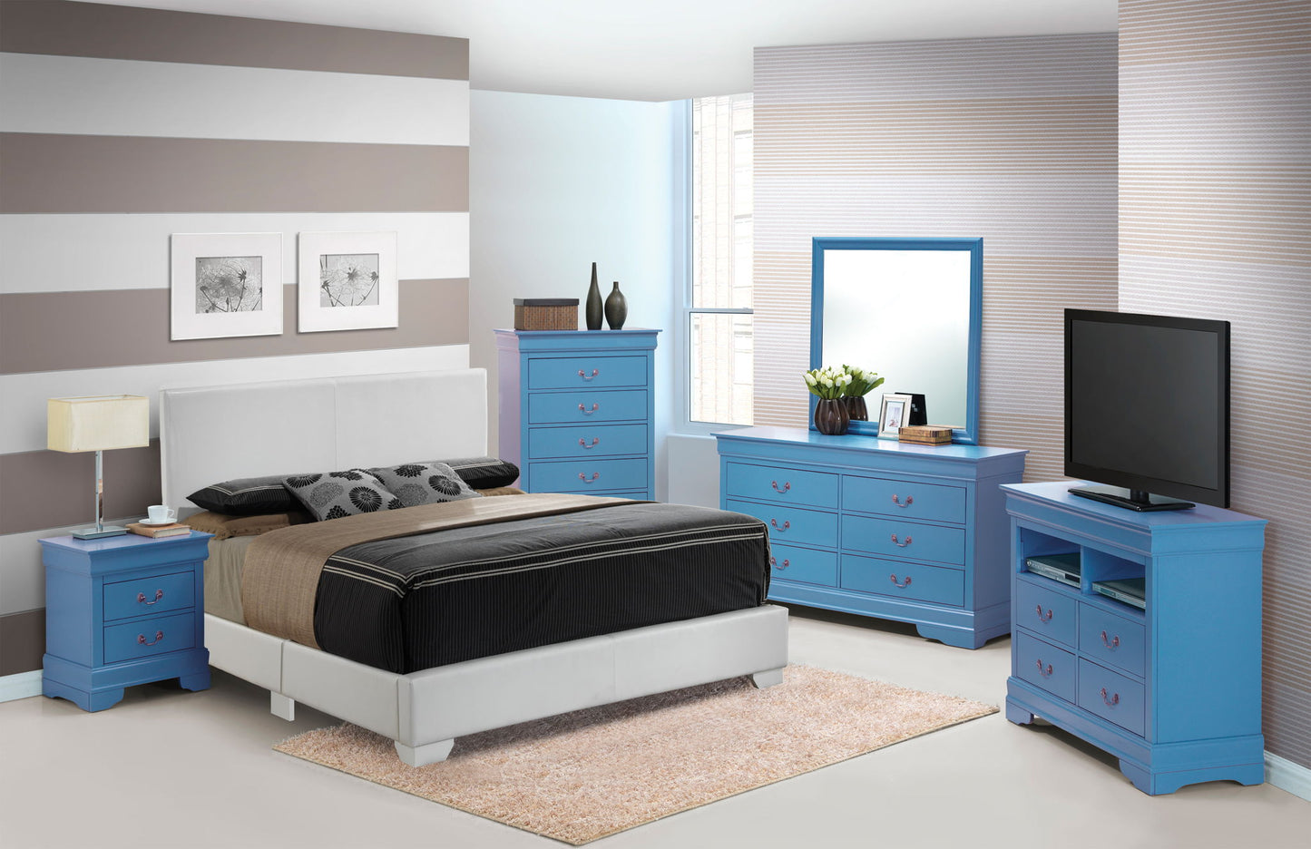 Modern bedroom featuring the Elegant Platform Bed For Relaxed Spaces, brown and black bedding, blue dressers, a nightstand, TV stand, striped walls, framed art, a rug, and a large window with natural light.