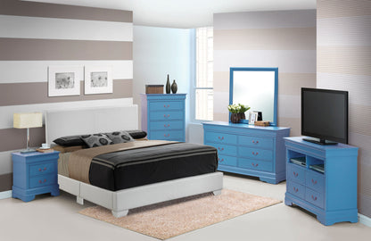Modern bedroom featuring the Elegant Platform Bed For Relaxed Spaces, brown and black bedding, blue dressers, a nightstand, TV stand, striped walls, framed art, a rug, and a large window with natural light.