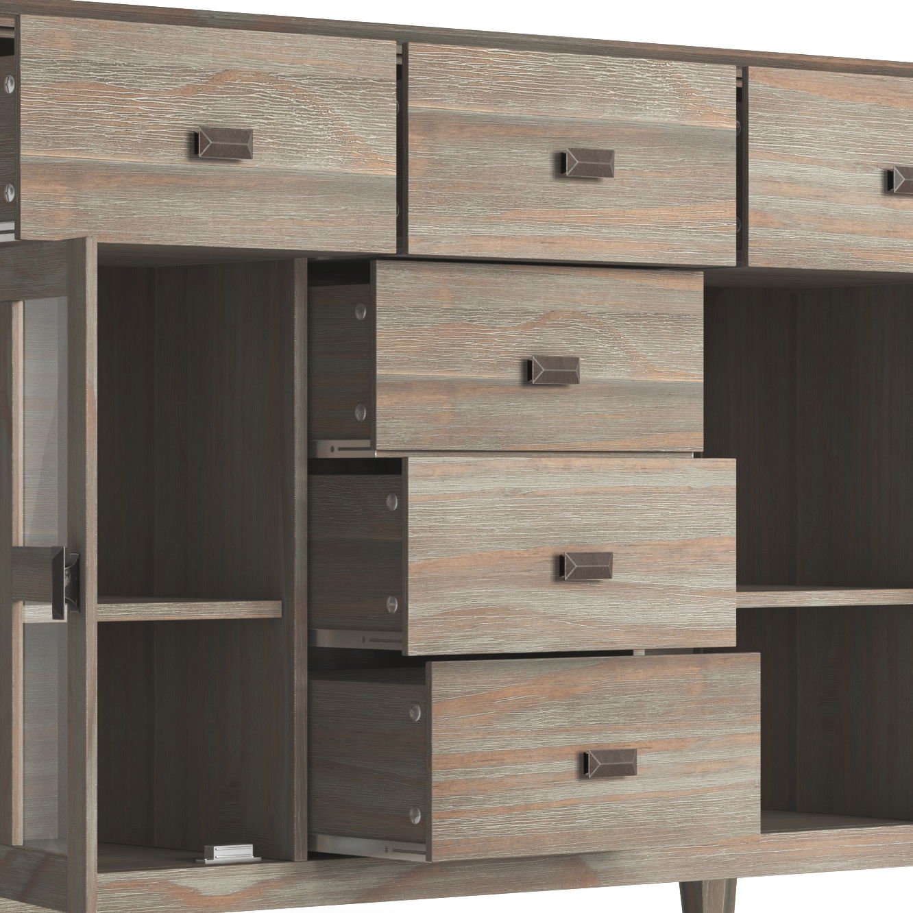 The Artisan - Handcrafted Sideboard Buffet is a wooden cabinet with a weathered finish, six partially open drawers (three above, three in the center), and two side glass-doored compartments.