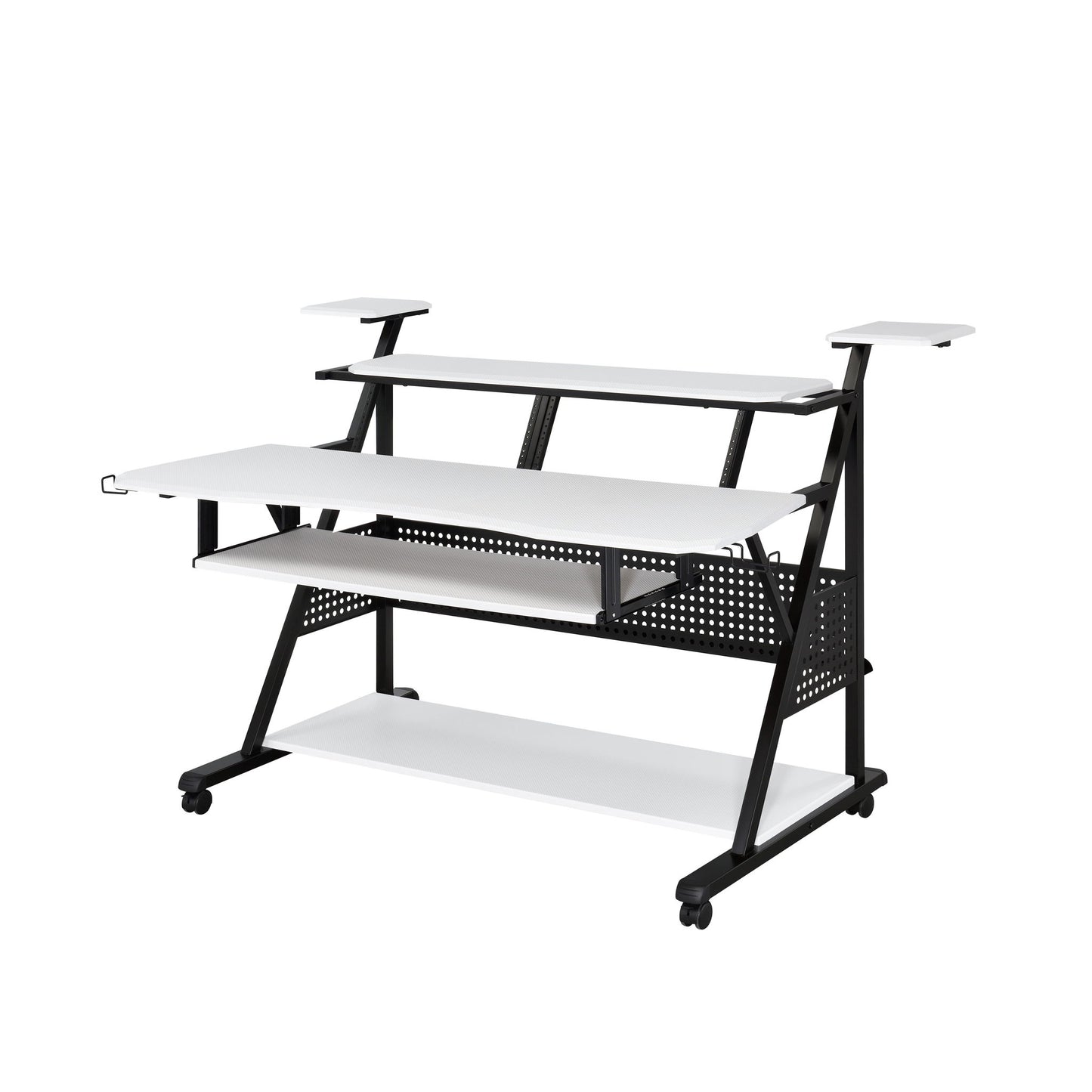 The Willow - Versatile Music Desk features a modern, multi-level white and black design with shelves, a raised monitor platform, pull-out keyboard tray, caster wheels for mobility, and a metal frame with perforated accents.