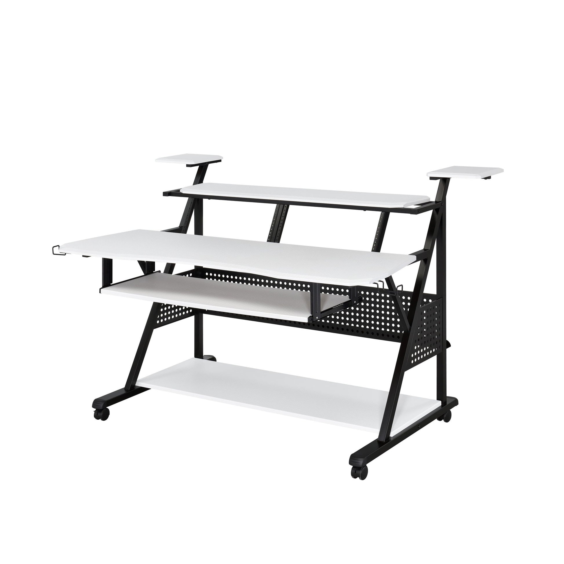 The Willow - Versatile Music Desk features a modern, multi-level white and black design with shelves, a raised monitor platform, pull-out keyboard tray, caster wheels for mobility, and a metal frame with perforated accents.