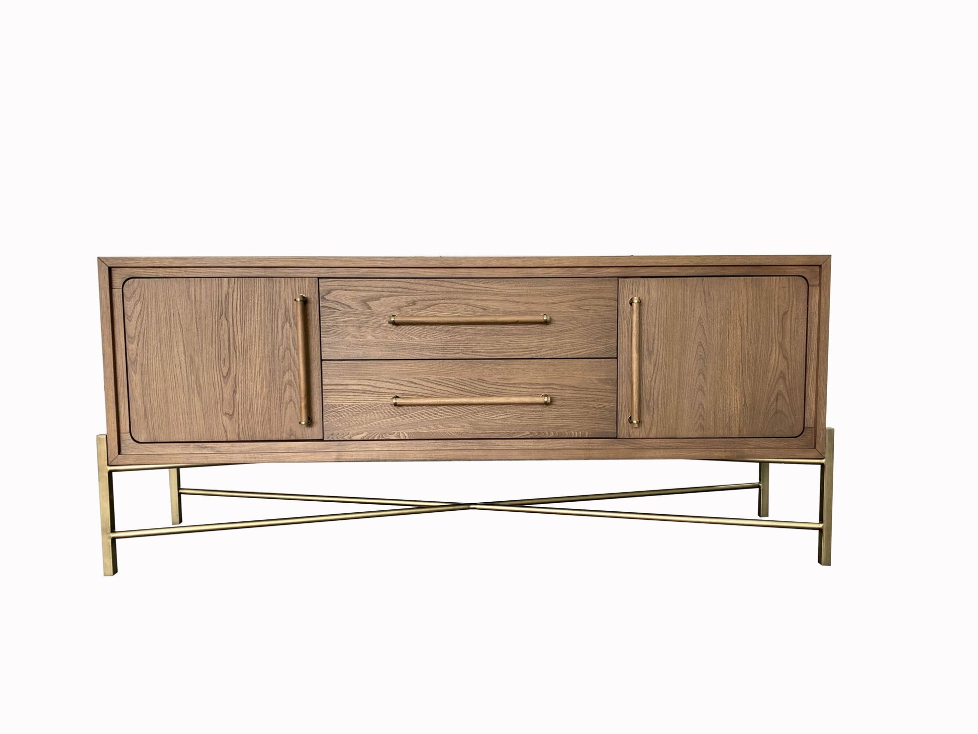 The Metal Base Sideboard - Light Brown features two central drawers, two side cabinets, gold handles, and a crisscross gold metal base, all set against a white background.