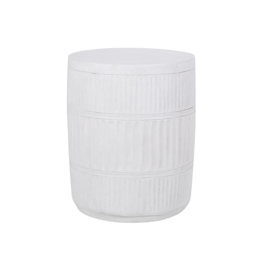 The Outdoor Patio End Table - Antique White is a round, white ceramic stool or side table with a ribbed, textured surface and a smooth flat top, shown against a plain white background.