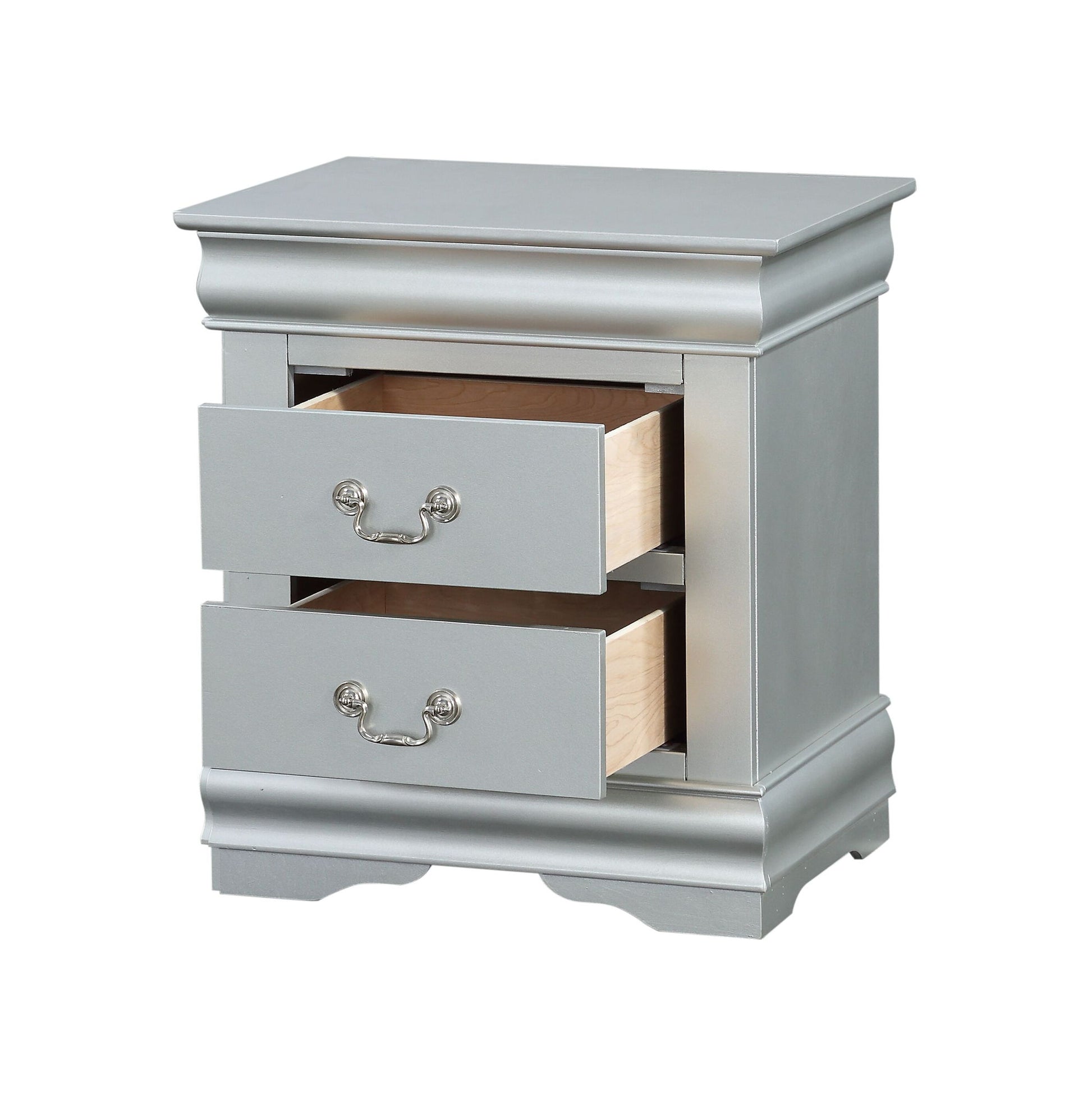 The Louis Philippe III Sleek Design Nightstand is a silver piece with two partially open drawers, ornate silver handles, and a smooth, polished finish.