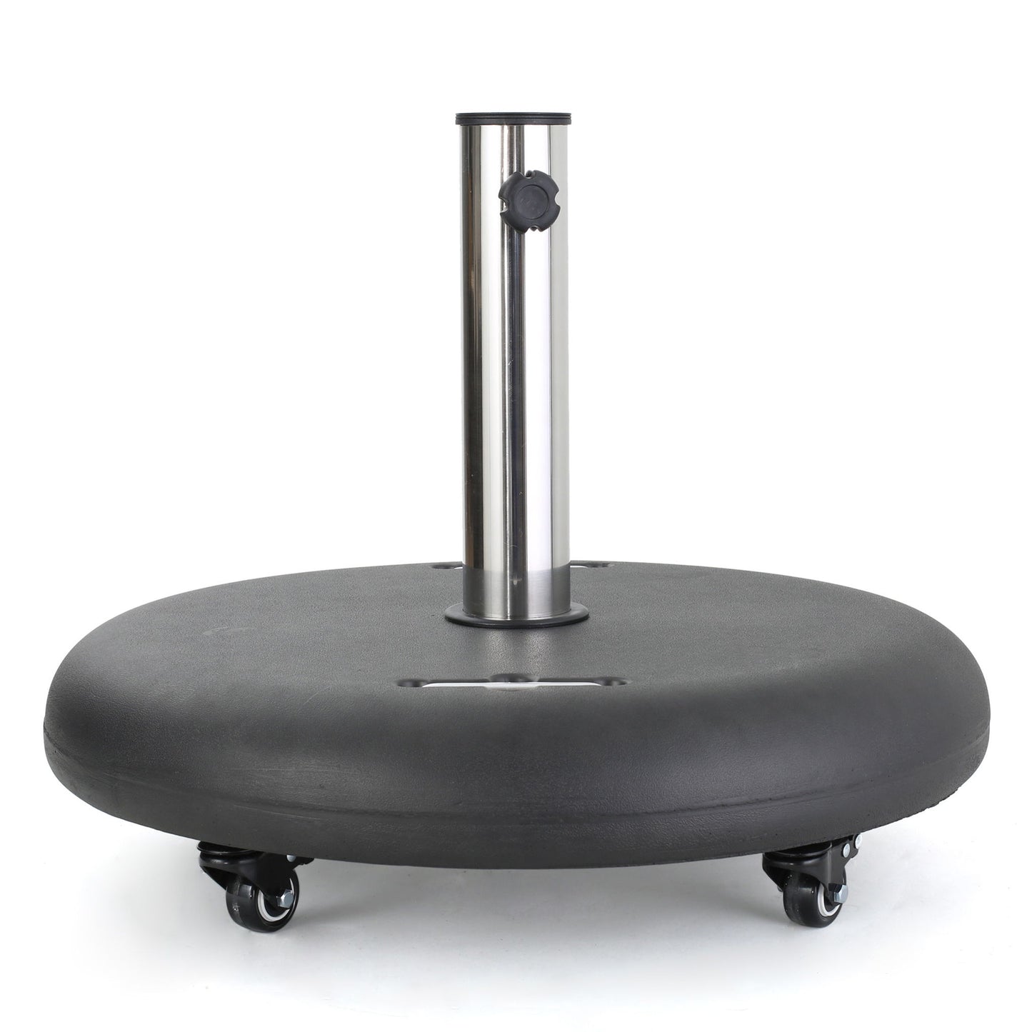 The Wheelie is a round black umbrella base with a stainless steel holder, featuring a tightening knob and four caster wheels for easy mobility.