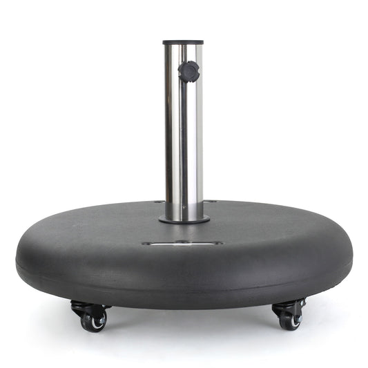 The Wheelie is a round black umbrella base with a stainless steel holder, featuring a tightening knob and four caster wheels for easy mobility.