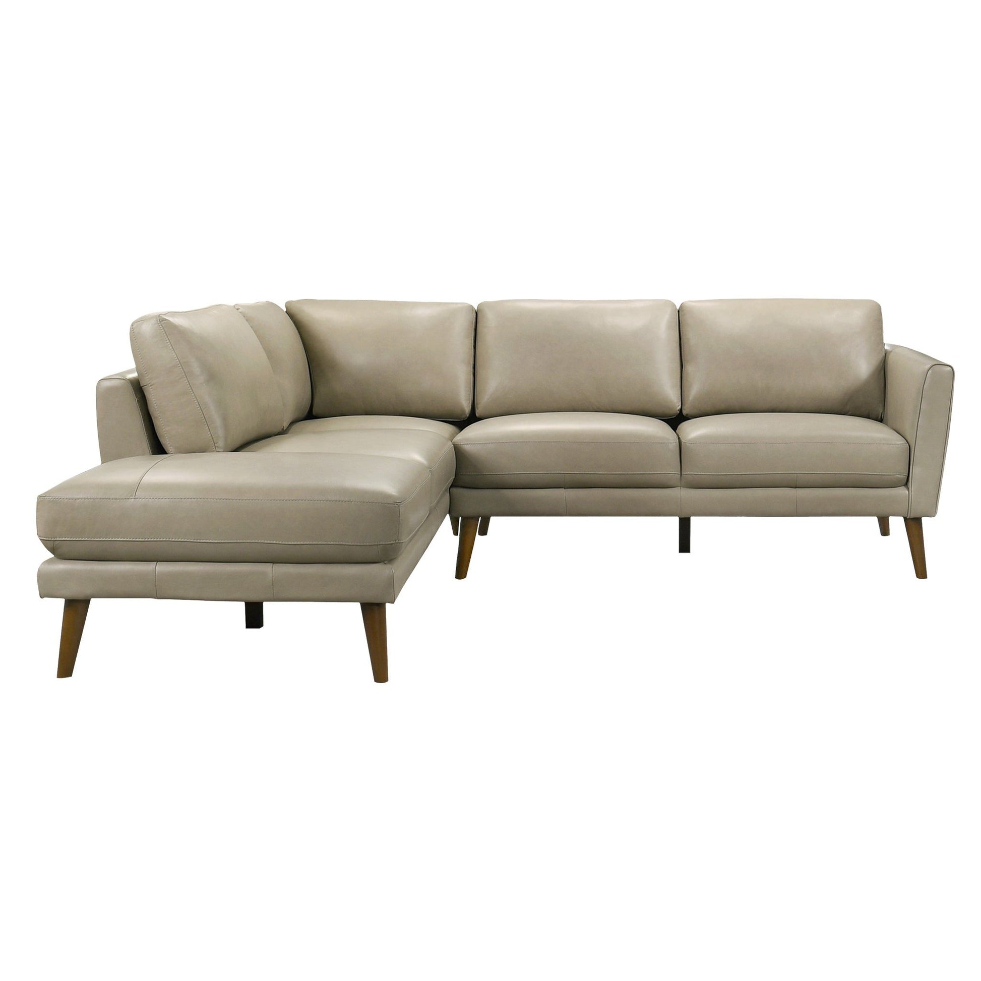 The Benson - Sectional Sofa With Chaise is a light beige leather sectional with a left-facing chaise, wooden legs, clean lines, and firm cushions in a modern design.