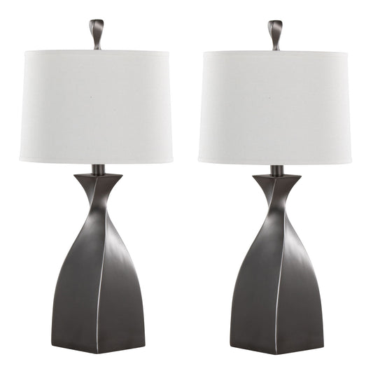 The Curvo Contemporary Polyresin Table Lamp set features two modern lamps with sculpted matte black bases and white cylindrical fabric shades, displayed side by side against a white background.