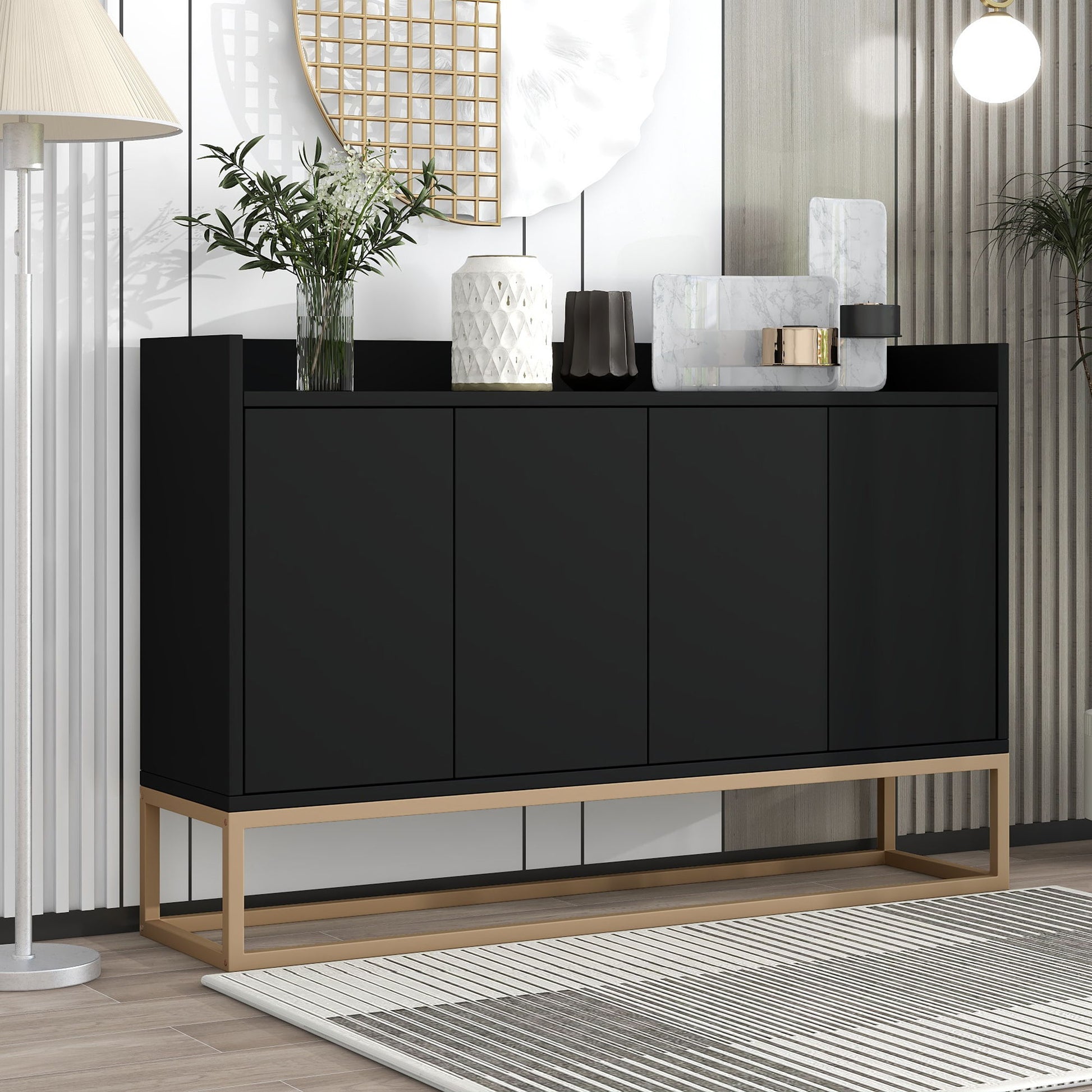 A Modern Sideboard Elegant Buffet Cabinet with large storage space stands against a striped wall, adorned with vases, plants, and decor. A floor lamp and part of a patterned rug are visible in the room.