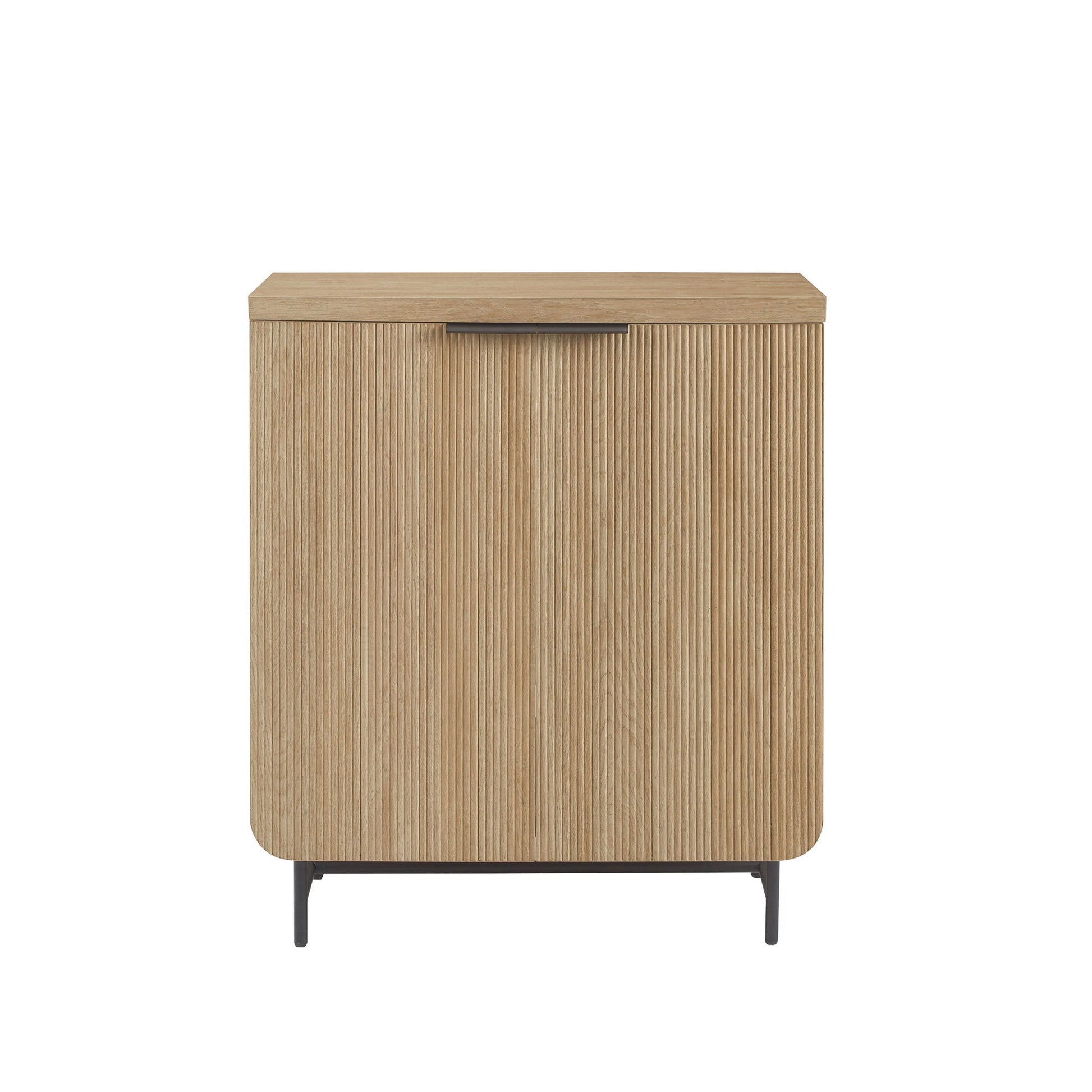 The Couch.com Modern Scandi Fluted Door Storage Console features fluted doors, a coastal oak light brown finish, durable wood construction, black handle accents, rounded corners, and slim black metal legs.