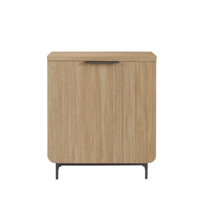 The Couch.com Modern Scandi Fluted Door Storage Console features fluted doors, a coastal oak light brown finish, durable wood construction, black handle accents, rounded corners, and slim black metal legs.