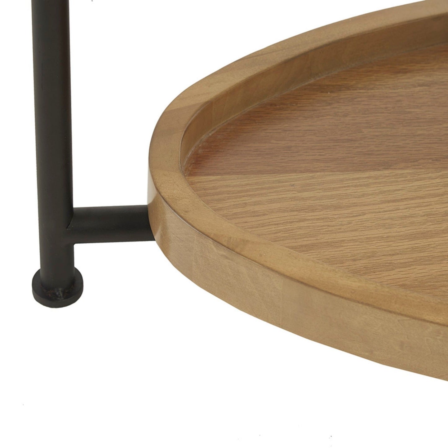 Close-up of the Oval Coffee Table With Metal Legs in White/Natural, featuring a raised-edge oval wooden top with a black metal leg and frame, shown against a white background.