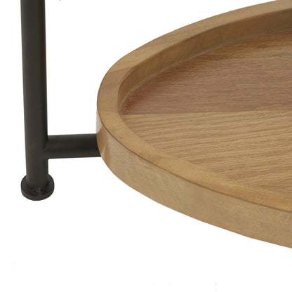 Close-up of the Oval Coffee Table With Metal Legs in White/Natural, featuring a raised-edge oval wooden top with a black metal leg and frame, shown against a white background.
