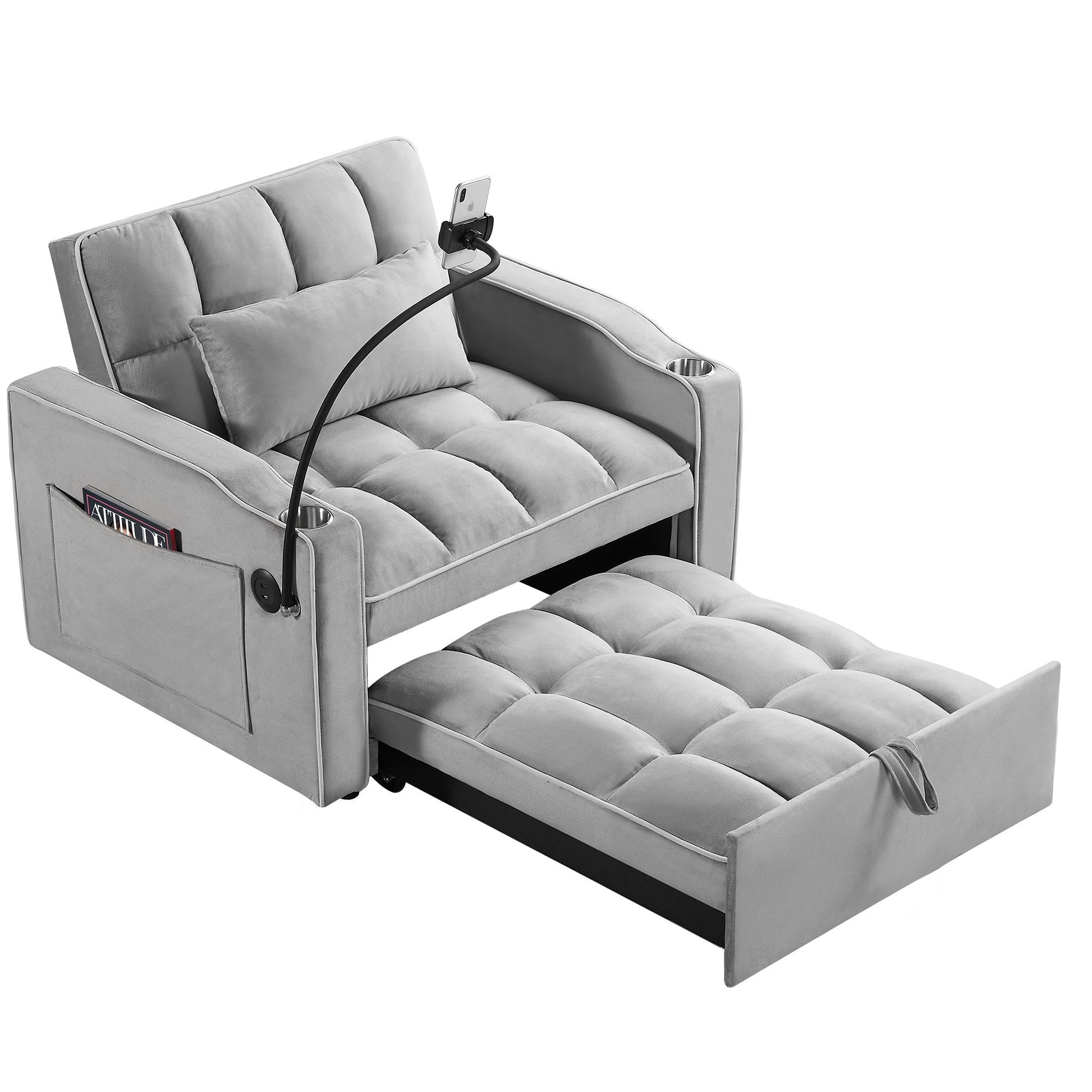 The Convertible Sleeper Chair Sofa Bed is a 3-in-1 adjustable pull-out sleeper with tufted cushions, multi-pockets for magazines, cup holders on each armrest, a matching pillow, and an adjustable device holder—perfect for small spaces.