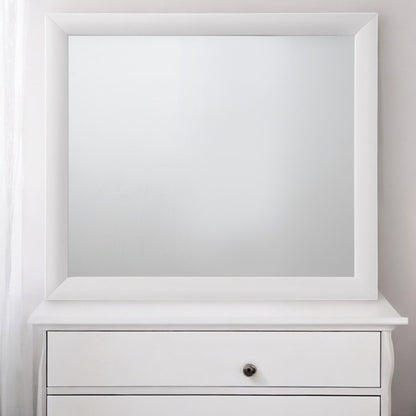 The Ireland - Contemporary Design Mirror, large and square with a white frame, is mounted above a white drawer unit featuring a single round metal knob against a plain light wall.