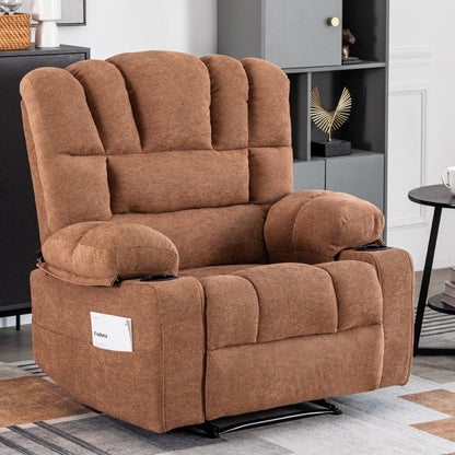 The Massage Recliner Chair Sofa With Heating Vibration, in plush brown with padded armrests and backrest, sits in a modern living room. A small white card is in its side pocket, and decorated shelves are visible in the background.