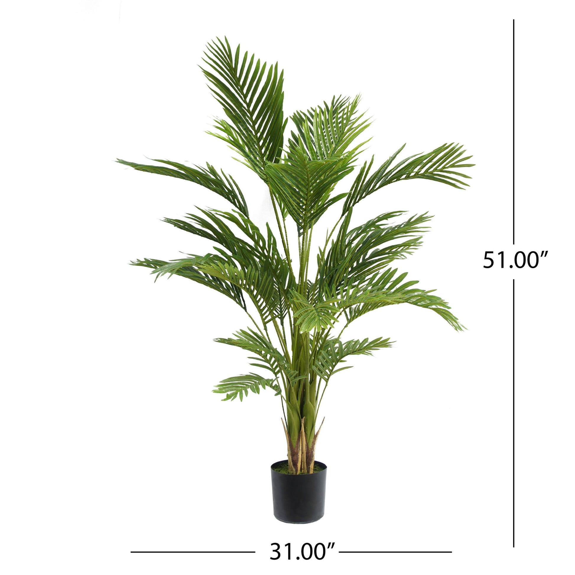 The Artificial Palm Tree features lush green leaves in a black pot and measures 51 inches tall by 31 inches wide, with labeled lines on the right and bottom indicating its dimensions.
