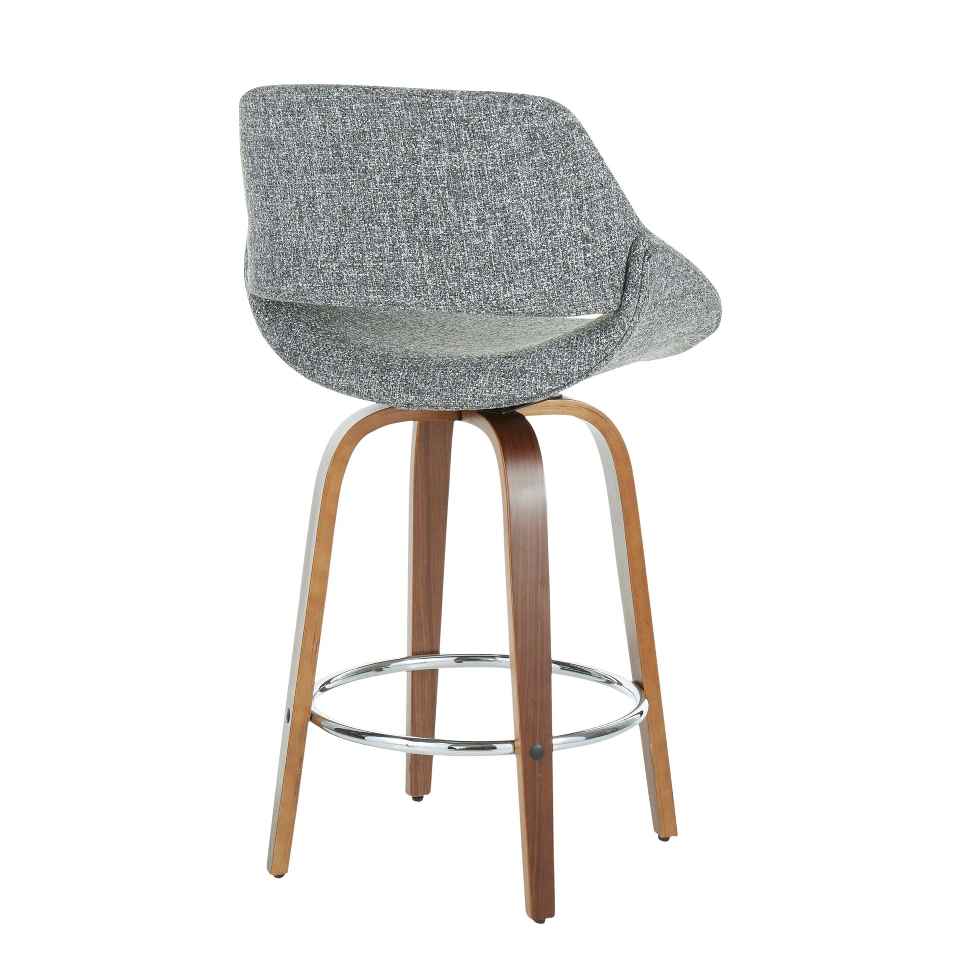 The Fabrico Mid Century Modern Counter Stool (Set of 2) features a curved grey fabric backrest, light brown wooden legs, and a circular chrome footrest, shown from the back at a slight angle.