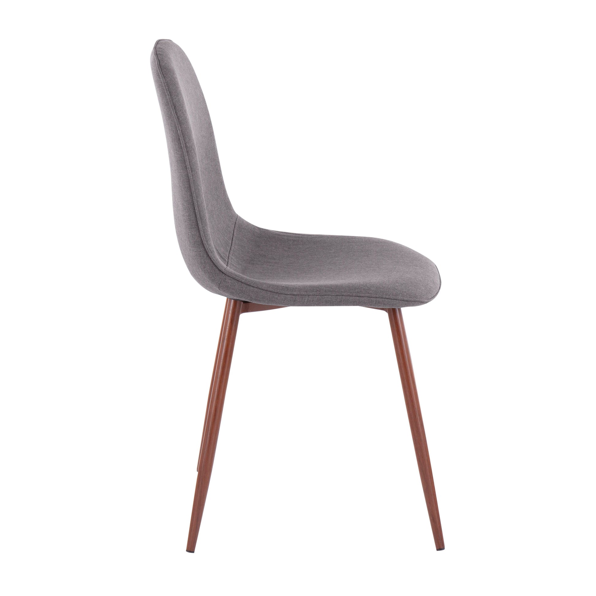 The Pebble - Contemporary Chair (Set of 2) features a curved grey upholstered seat and backrest with four slender, angled wooden legs, shown in profile view against a white background.