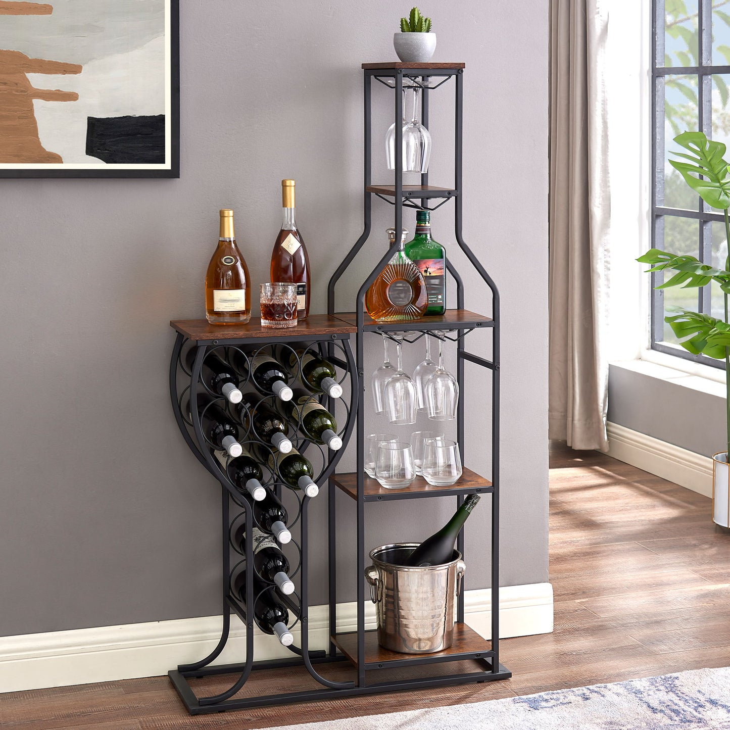 The 11 Bottle Wine Bakers Rack is a 5-tier freestanding rack with storage shelves and a hanging wine glass holder, ideal for storing liquor and wine in your kitchen or dining room.