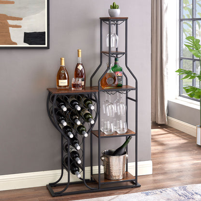 The 11 Bottle Wine Bakers Rack is a 5-tier freestanding rack with storage shelves and a hanging wine glass holder, ideal for storing liquor and wine in your kitchen or dining room.
