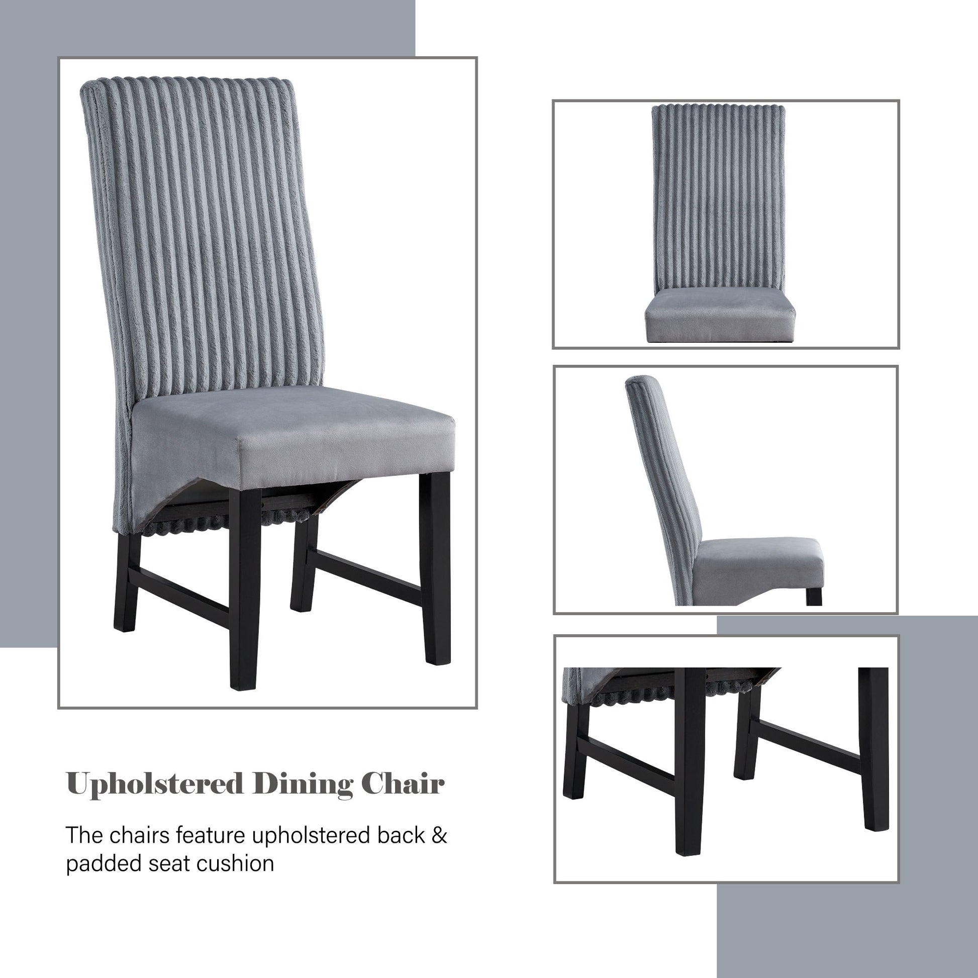 Collage of Kini - Corduroy Side Chair (Set of 2) in Black/Gray, featuring modern design with a tall, vertically-stitched gray upholstered backrest, padded seat cushion, and black wooden legs. Shown from multiple angles.
