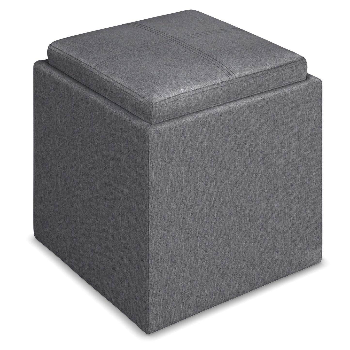 The Rockwood Upholstered Cube Storage Ottoman With Tray features a square, gray design with a cushion top and subtle stitching, shown on a white background.