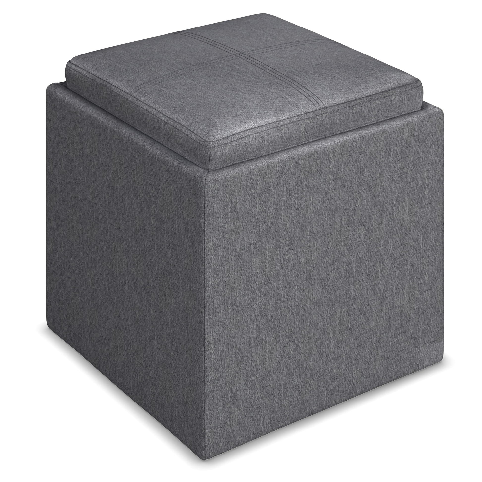 The Rockwood Upholstered Cube Storage Ottoman With Tray features a square, gray design with a cushion top and subtle stitching, shown on a white background.