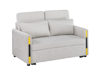 The Percy - Teddy Velvet Sleeper Loveseat features light gray textured upholstery, two seat and back cushions, yellow armrest accents, side storage pockets, and a dual-pull sleeper design.
