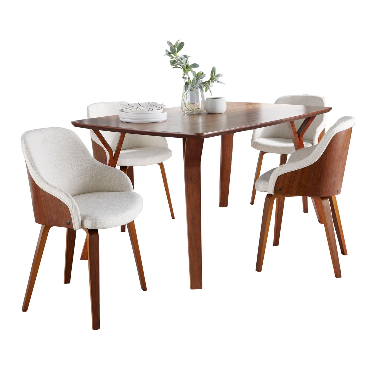 The Folia Bacci 5 Piece Mid-Century Modern Dining Set features a rectangular walnut table and four matching chairs with wooden legs and cream upholstered seats and backs, styled with plates and a small plant for a modern touch.